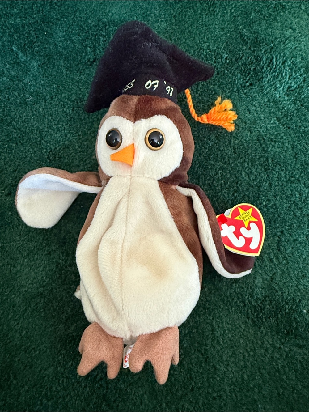 Ty Brown & Cream Owl with Black Cap and Orange Tassel Plush